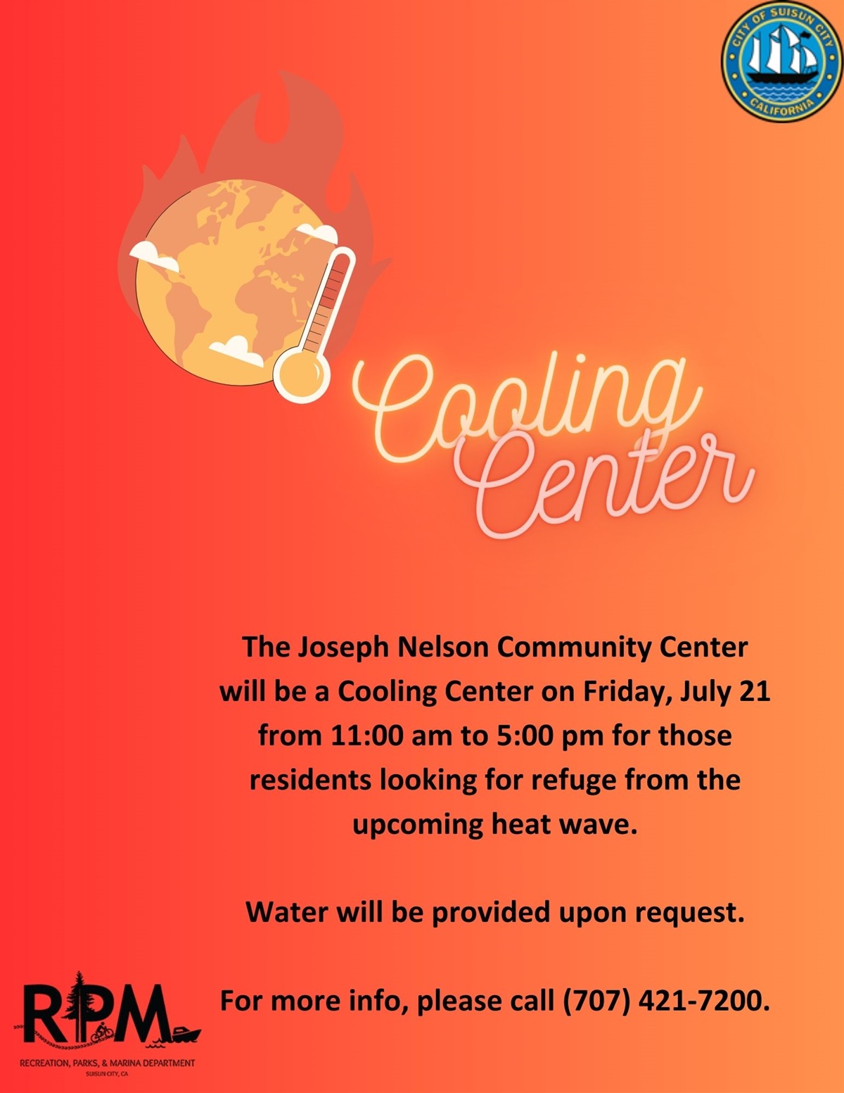 Cooling Center Tomorrow (7/21) from 11am5pm Suisun City, CA